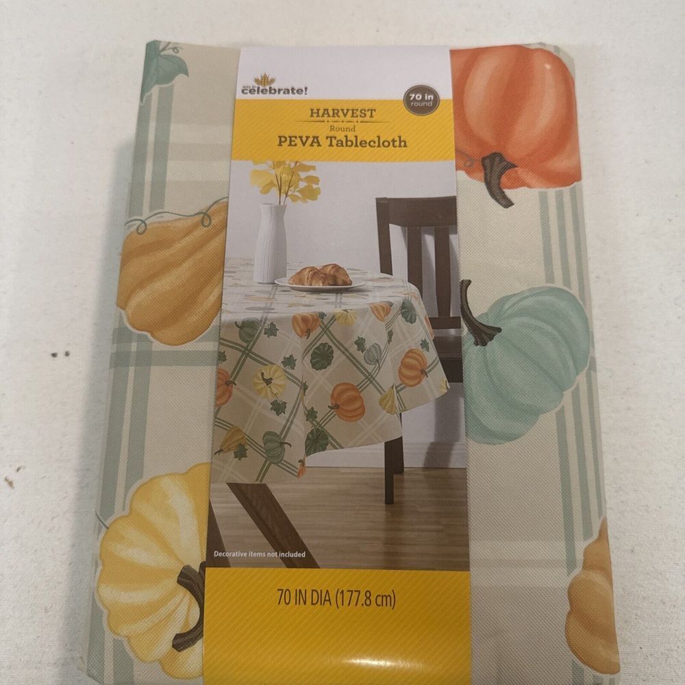 Harvest Round Peva Tablecloth 70 Inch Round Thanksgiving, Fall, Autumn, Holidays